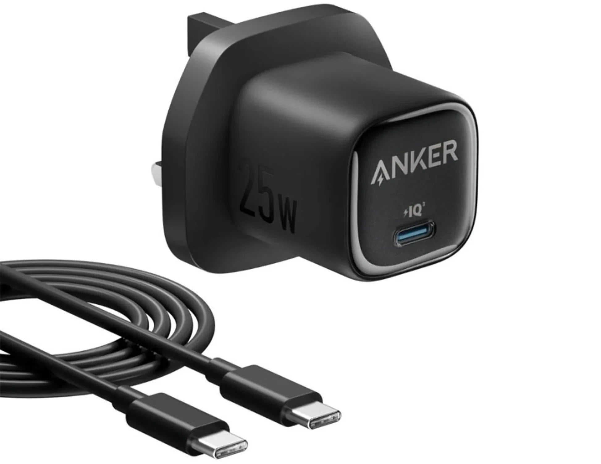 Anker power adapter with USB-C cable on a white background Anker power adapter with USB-C cable on a white background